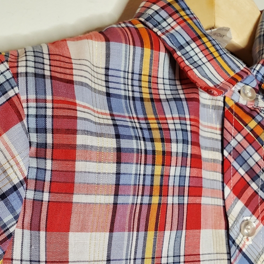 Bright and Basic Multi-color Vintage Plaid Shirt with Metallic Gold Threads - Picture 3 of 12